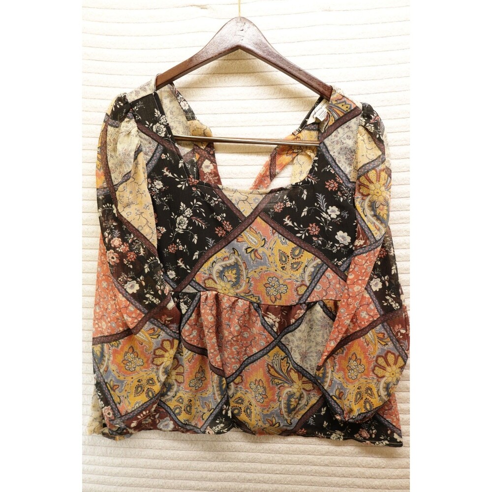American Eagle Sheer Puff Sleeve Scarf Open Back Babydoll Top Sz M Boho Cottage